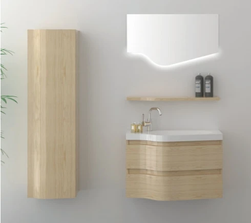 Curved Oak Floating Vanity & Tall Cabinet Curved Oak Floating Vanity & Tall Cabinet